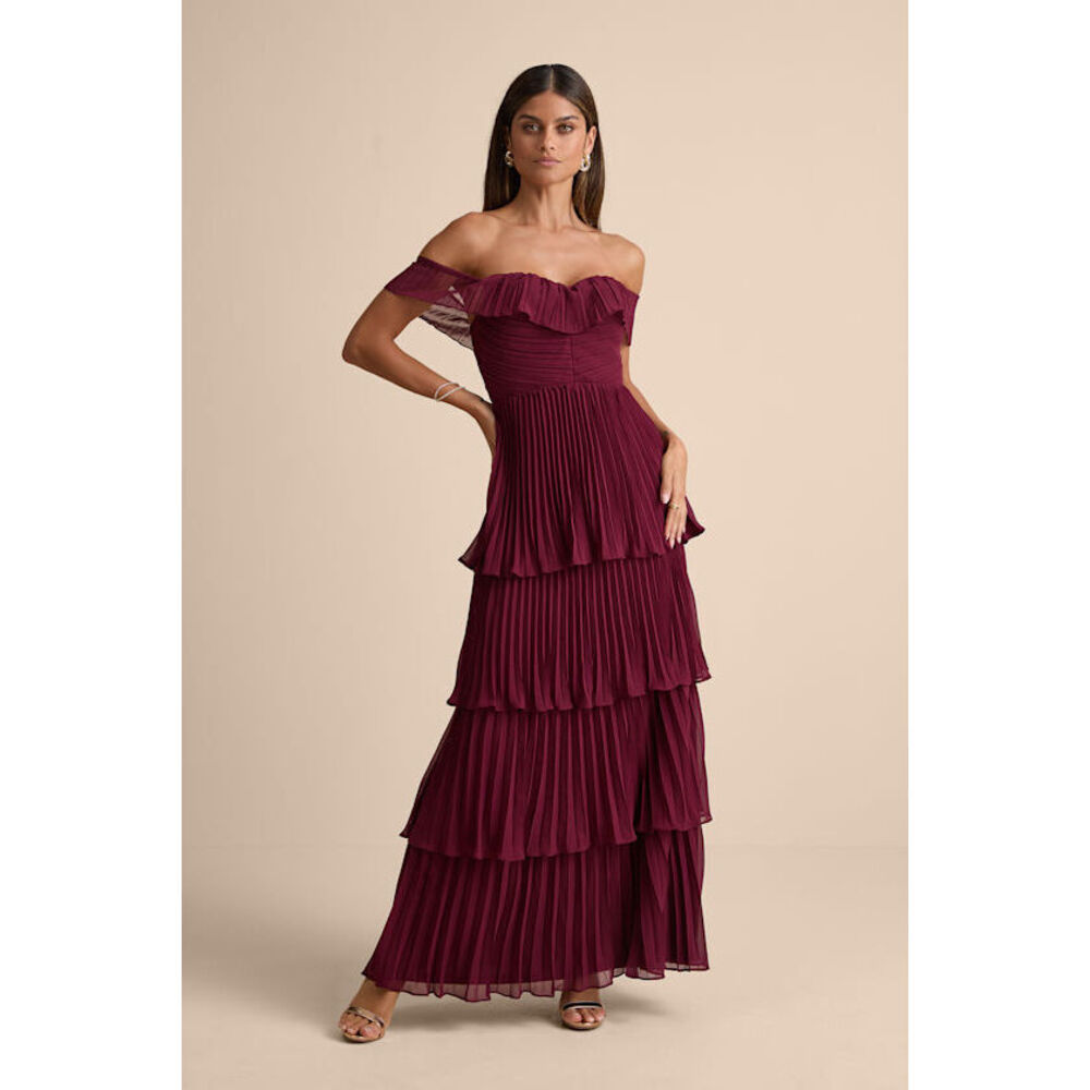 Lulus Always Remarkable Burgundy Pleated Off-the-shoulder Maxi Dress Red